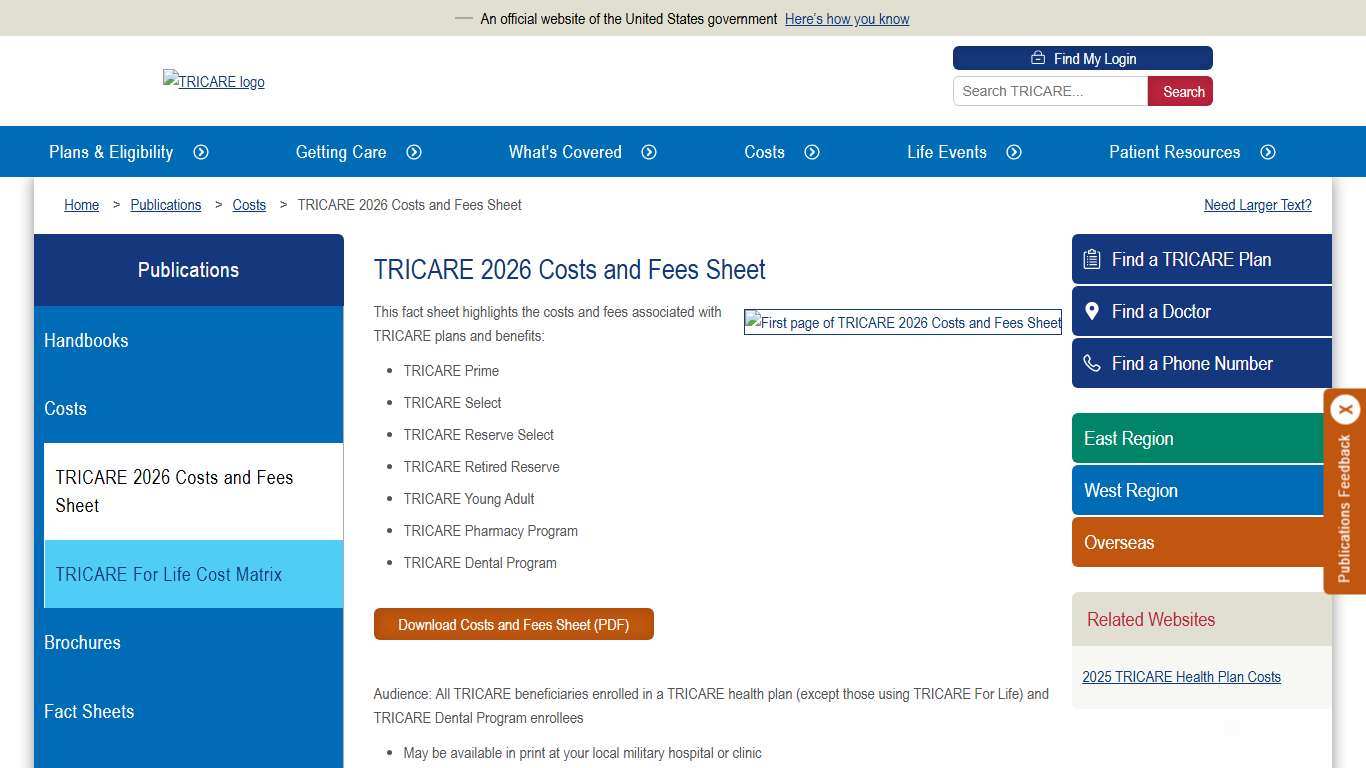 TRICARE 2026 Costs and Fees Sheet TRICARE